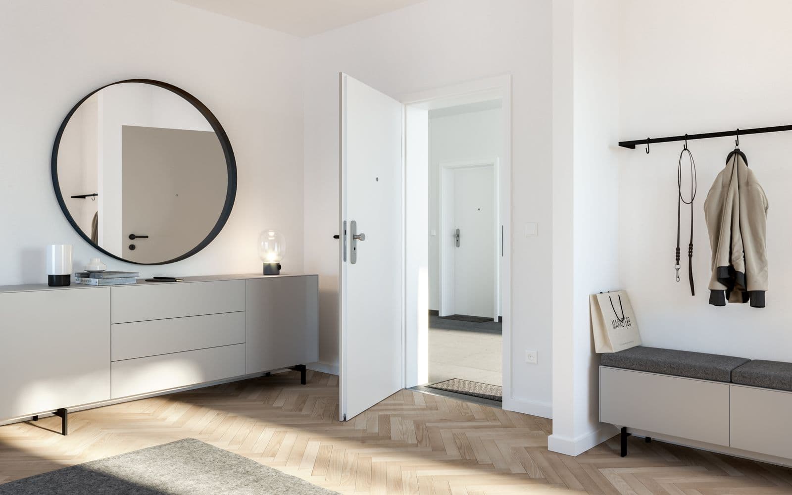Entrée d’appartement avec porte palière blanche Huga