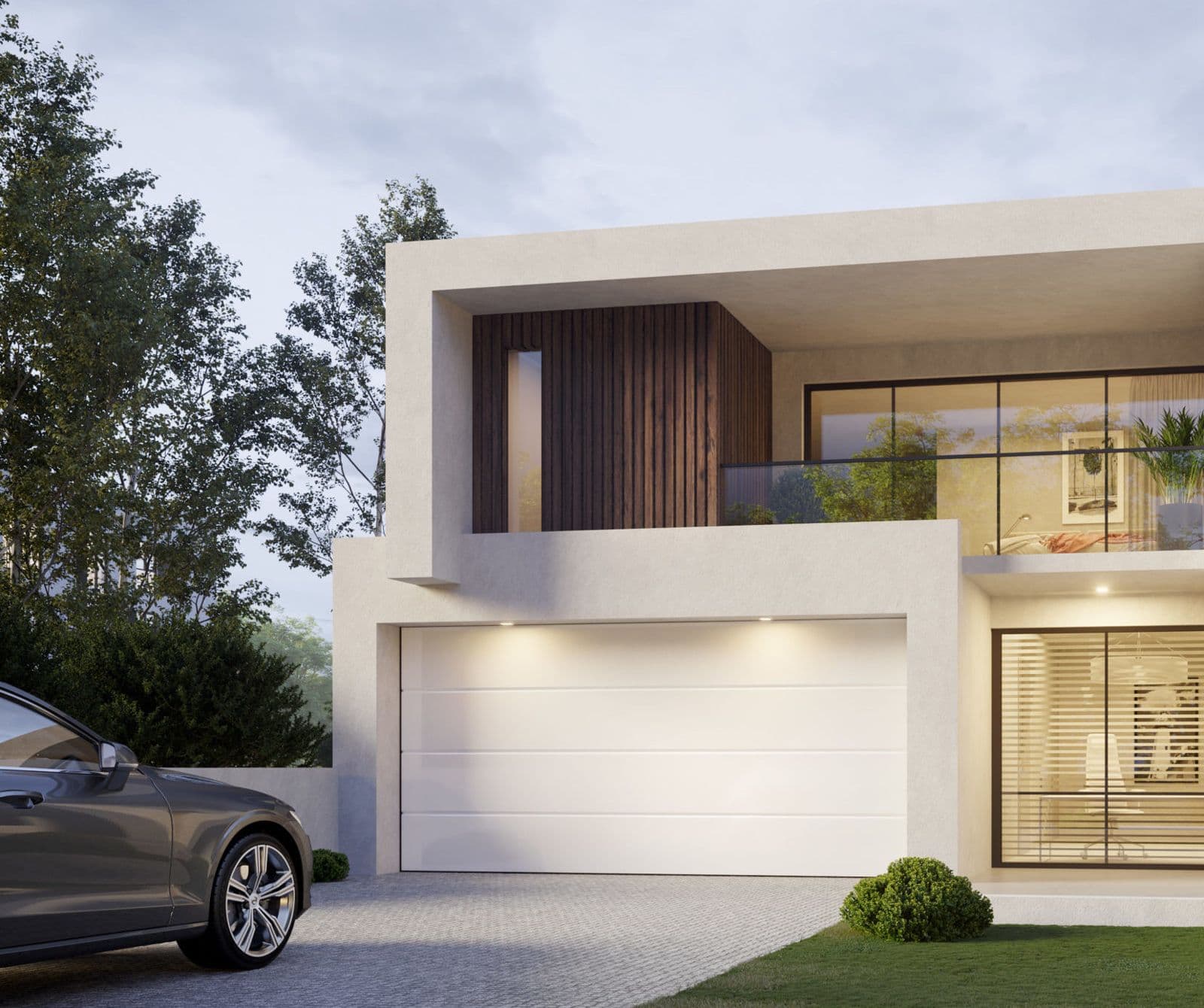 Maison contemporaine blanche avec porte de garage Ryterna