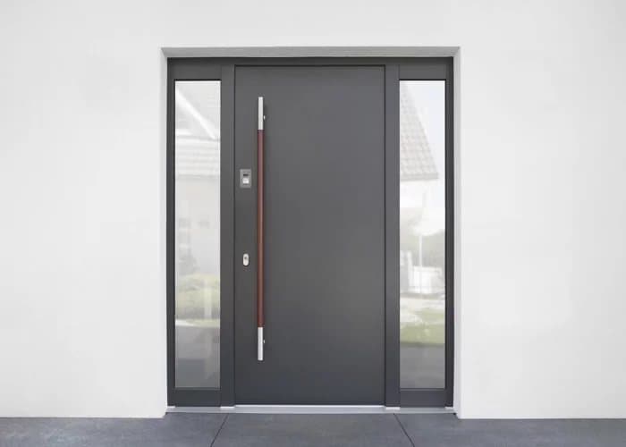 Porte d’entrée foncée avec fixes latéraux