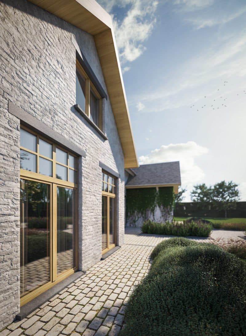 Maison traditionnelle en pierre avec fenêtres PVC décor bois