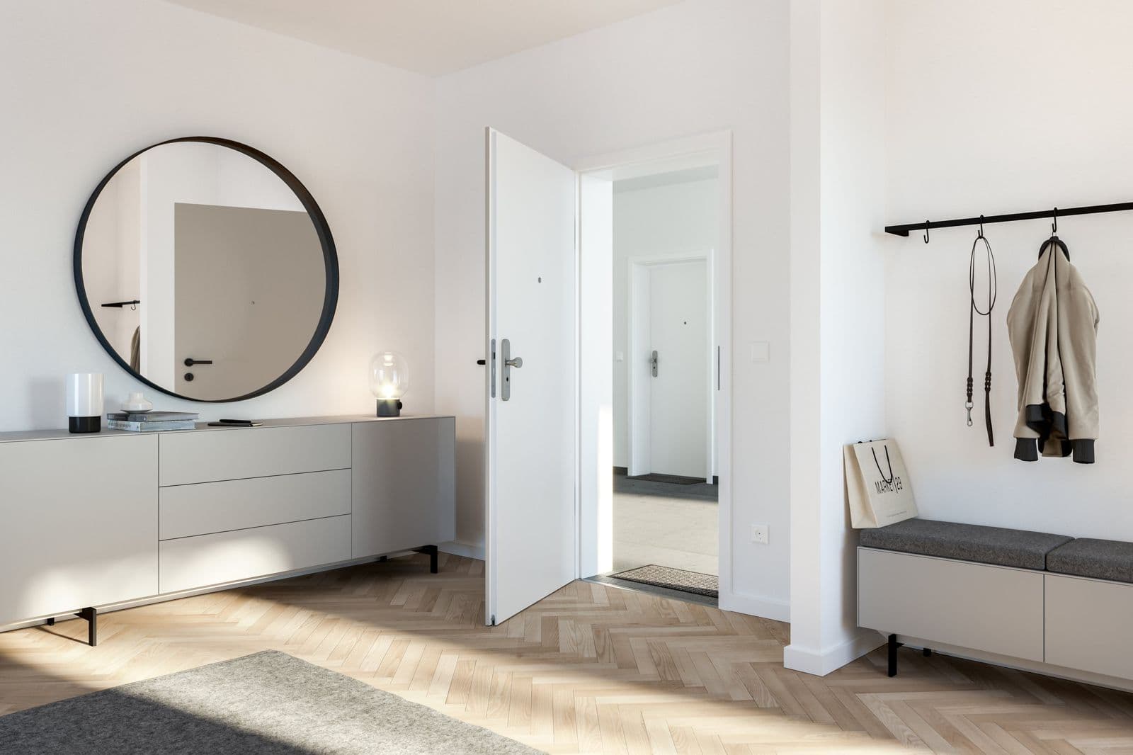 Pièce de vie claire avec porte intérieure blanche