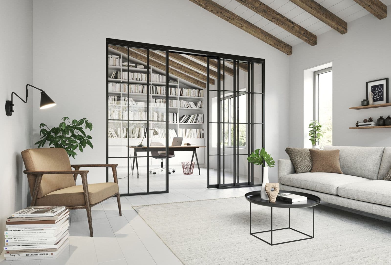 Bureau séparé du salon par une verrière et une porte coulissante en acier noir