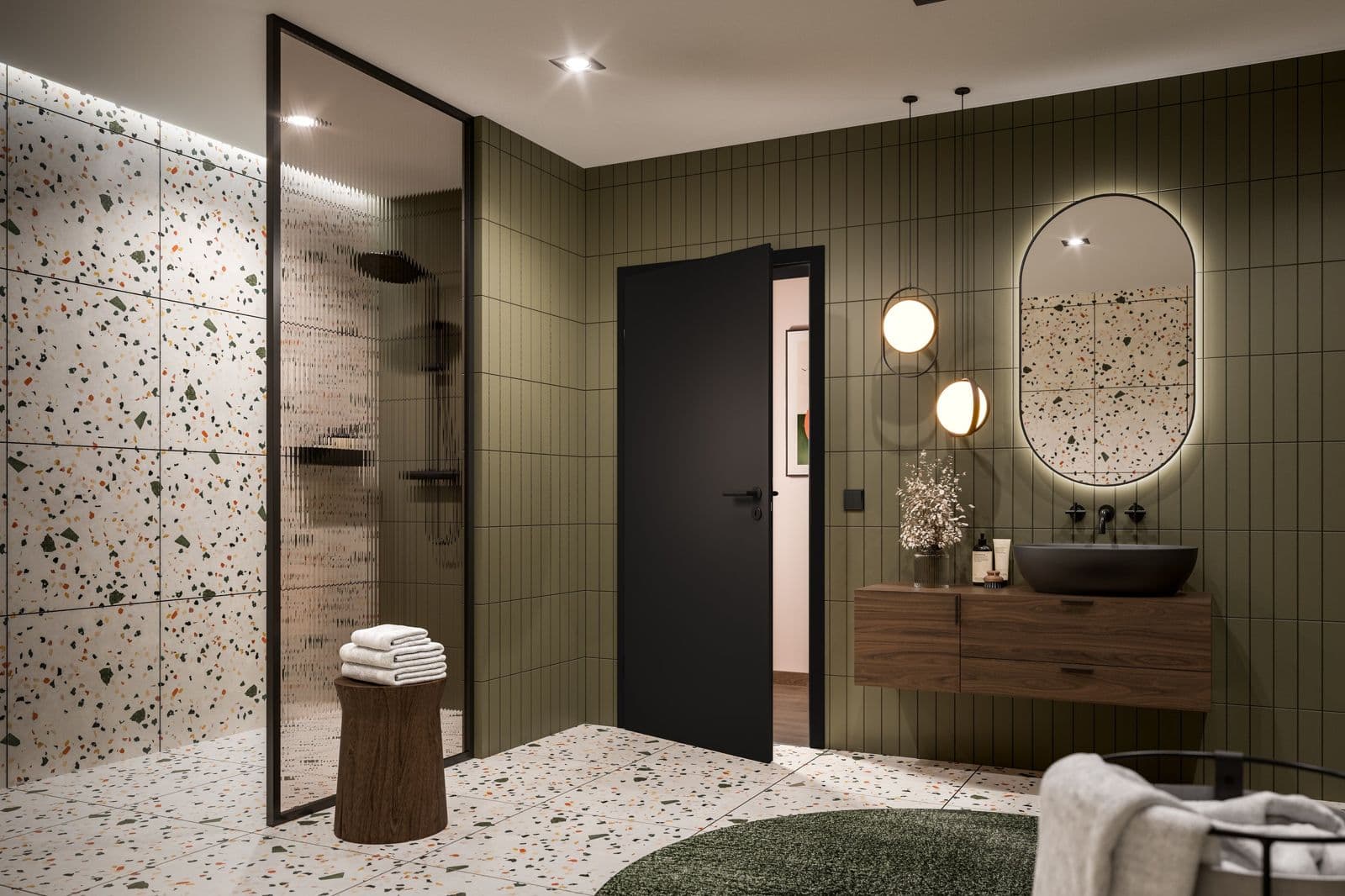 Salle de bain avec porte intérieure noire mate