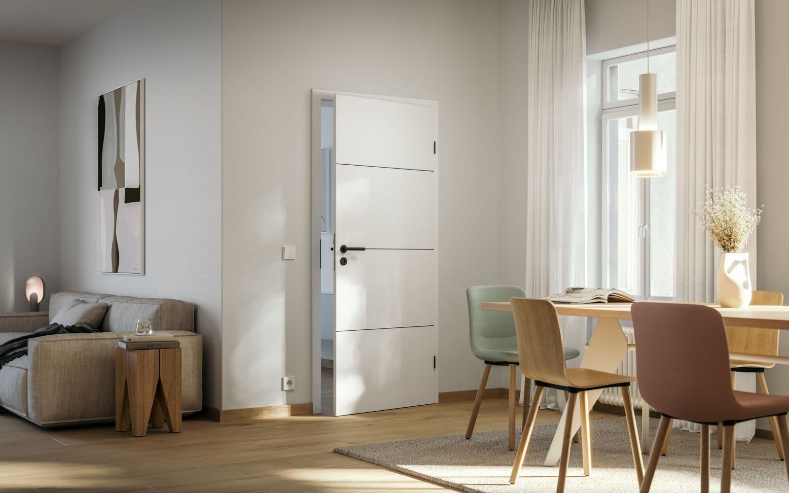 Séjour lumineux avec porte intérieure blanche à rainures
