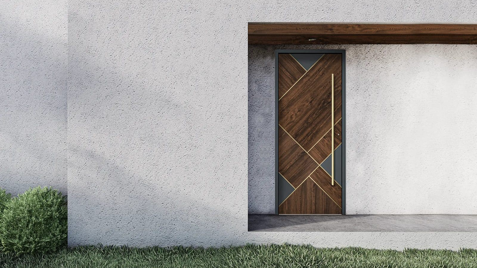 Porte d’entrée Panedge en bois à motif graphique sur une façade blanche