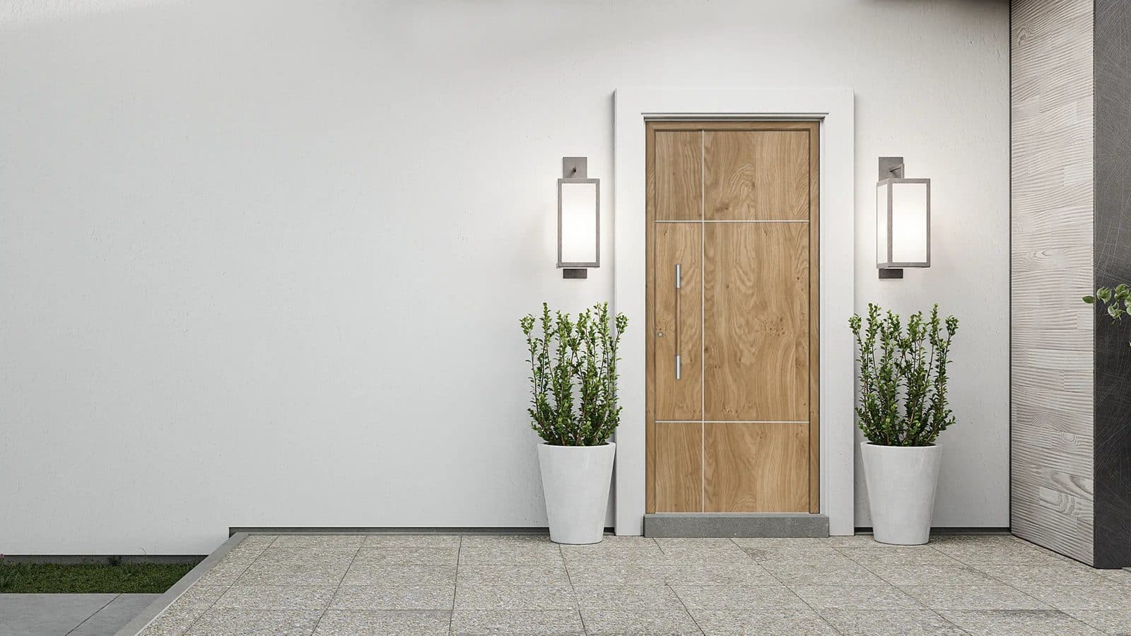 Porte d’entrée Panedge en chêne entre deux appliques