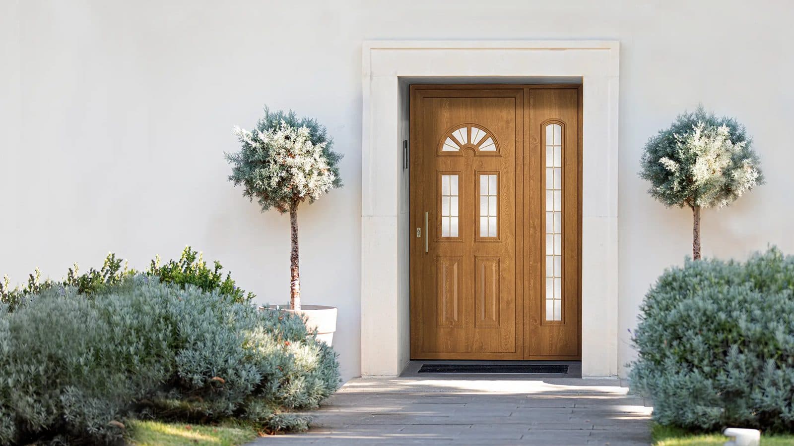 Porte classique Panedge en bois avec vitrages, encadrée de buis