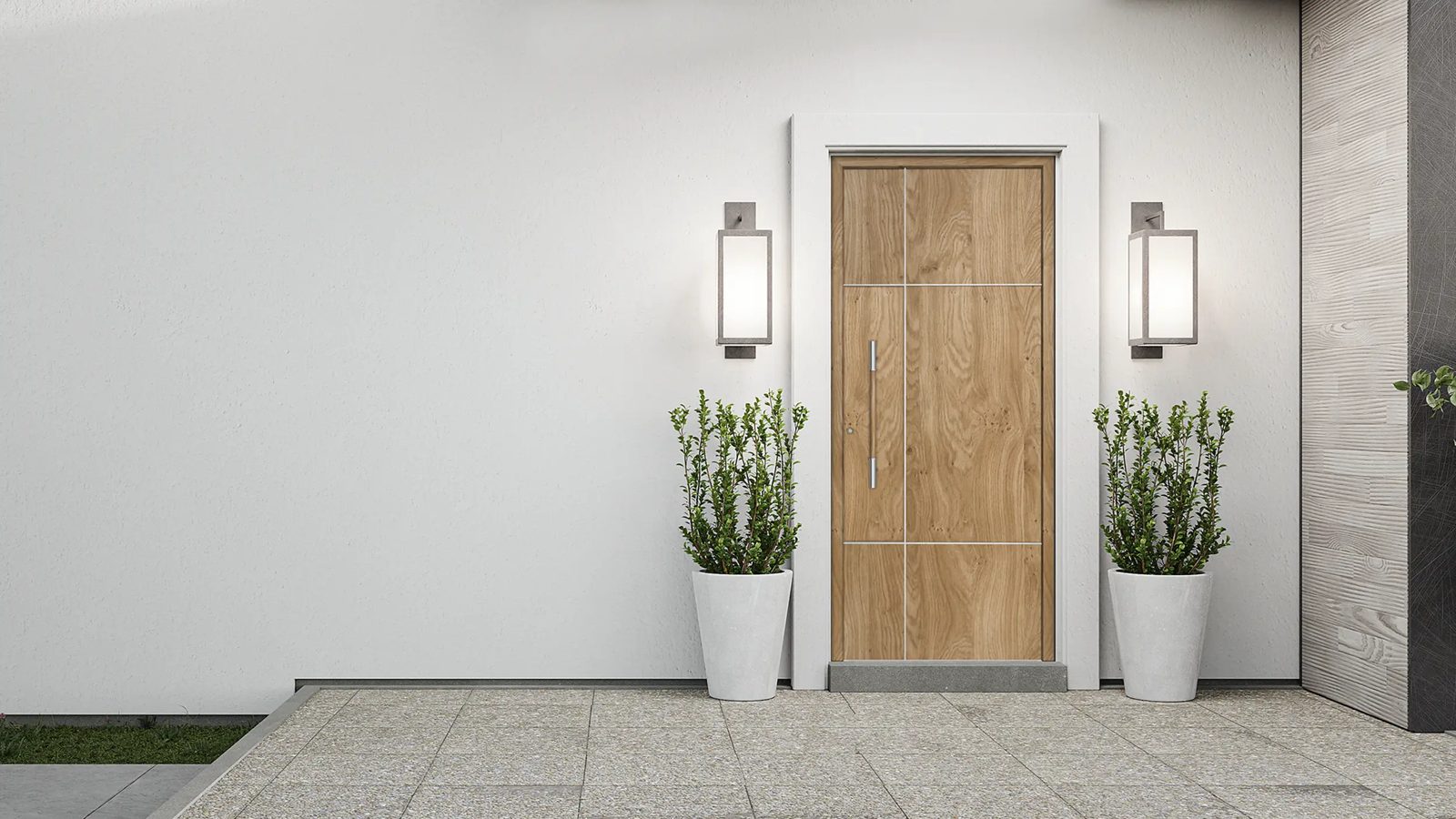 Porte d’entrée Panedge en chêne entre deux appliques, l’aspect bois sur une porte d’entrée isolante