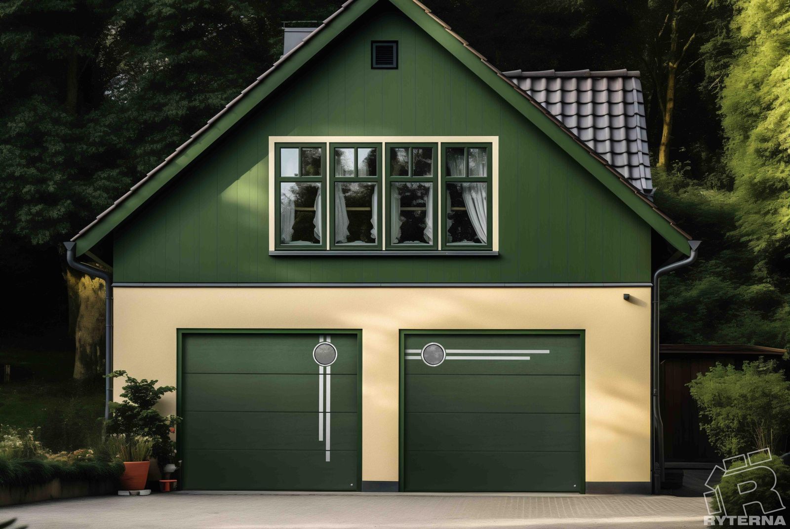 Grünes Haus mit farblich passendem Ryterna-Garagentor